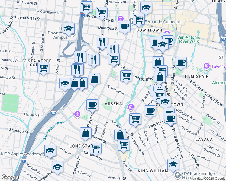 map of restaurants, bars, coffee shops, grocery stores, and more near 116 East Arsenal Street in San Antonio