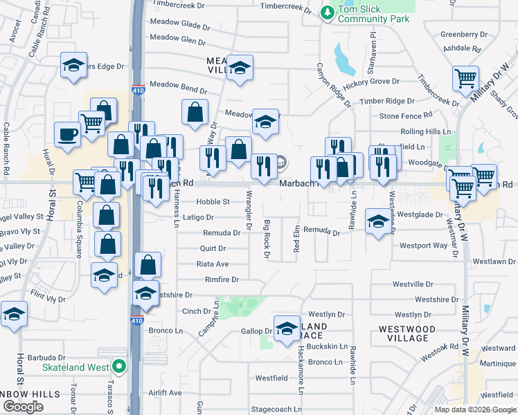 map of restaurants, bars, coffee shops, grocery stores, and more near 1614 Sweet Rock Drive in San Antonio