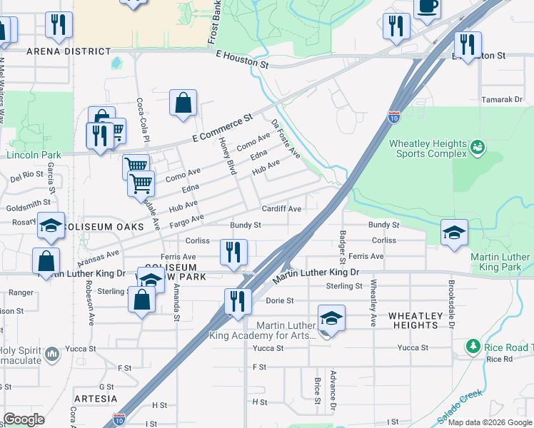 map of restaurants, bars, coffee shops, grocery stores, and more near 118 Cardiff Avenue in San Antonio