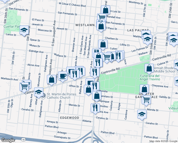 map of restaurants, bars, coffee shops, grocery stores, and more near 355 Cortez Avenue in San Antonio