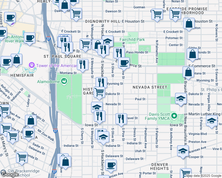 map of restaurants, bars, coffee shops, grocery stores, and more near 319 South Olive Street in San Antonio