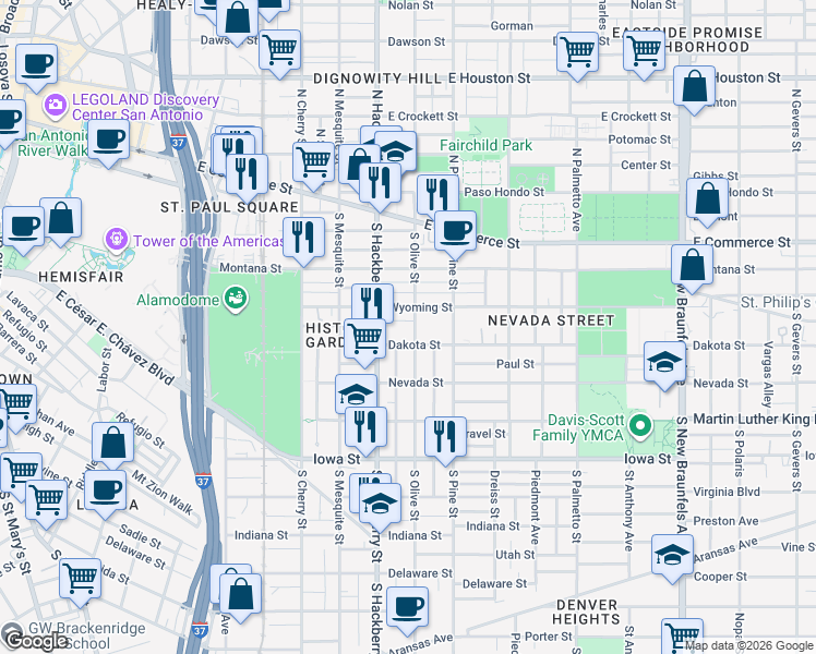 map of restaurants, bars, coffee shops, grocery stores, and more near 319 South Olive Street in San Antonio