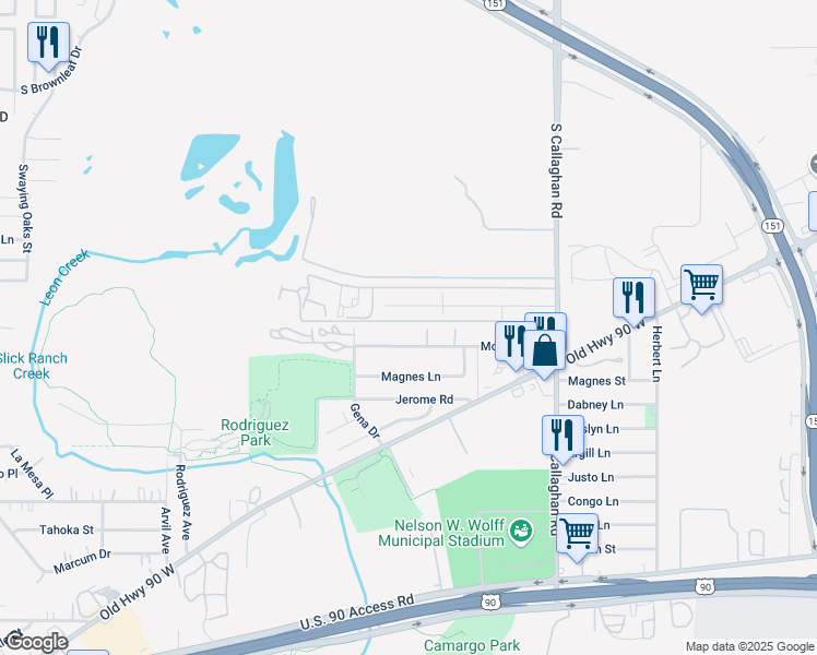 map of restaurants, bars, coffee shops, grocery stores, and more near 5829 McDavitt Road in San Antonio