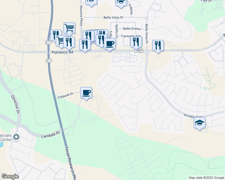 map of restaurants, bars, coffee shops, grocery stores, and more near 1606 Desert Candle in San Antonio