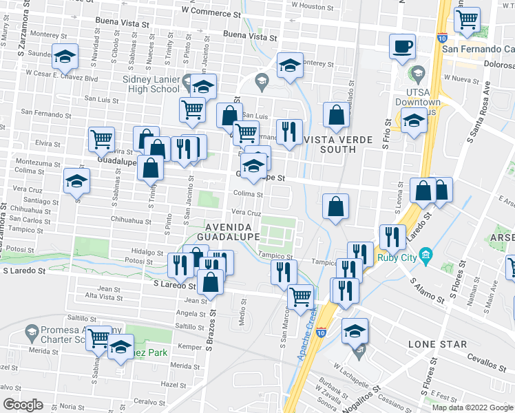 map of restaurants, bars, coffee shops, grocery stores, and more near 1014 Julia Ross Street in San Antonio
