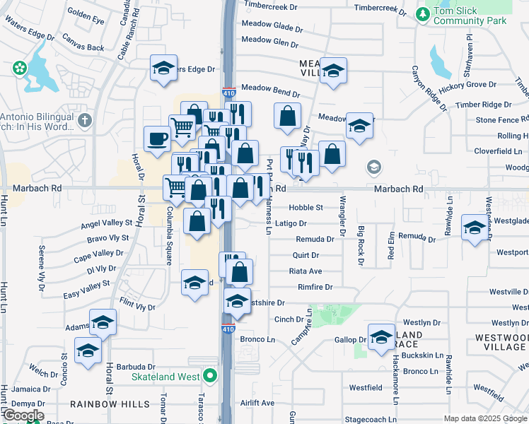 map of restaurants, bars, coffee shops, grocery stores, and more near 1623 Harness Lane in San Antonio