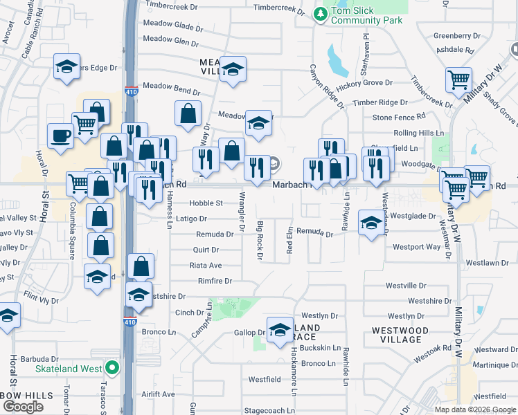 map of restaurants, bars, coffee shops, grocery stores, and more near 1614 Sweet Rock Drive in San Antonio