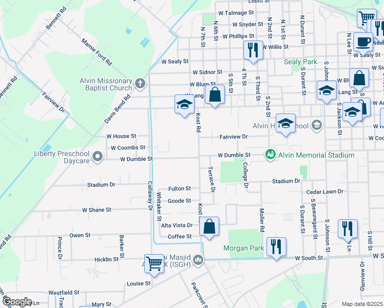 map of restaurants, bars, coffee shops, grocery stores, and more near 1718 West Dumble Street in Alvin