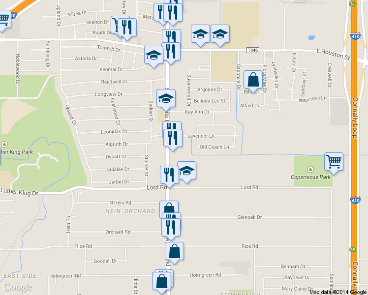 map of restaurants, bars, coffee shops, grocery stores, and more near 4550 Lavender Lane in San Antonio