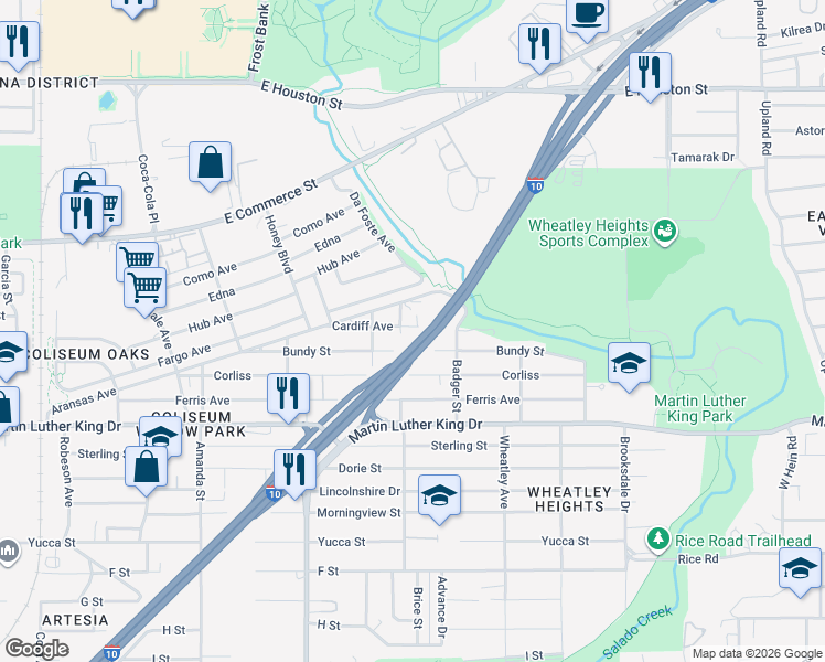 map of restaurants, bars, coffee shops, grocery stores, and more near 242 Cardiff Avenue in San Antonio