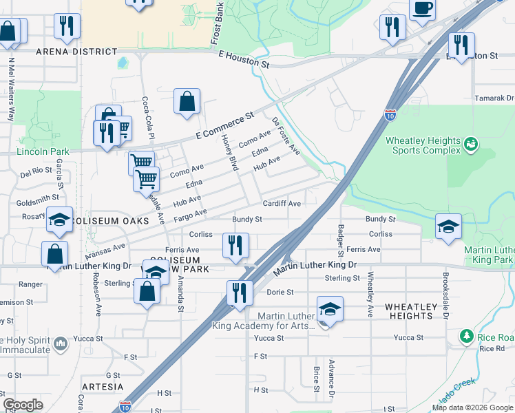 map of restaurants, bars, coffee shops, grocery stores, and more near 118 Cardiff Avenue in San Antonio