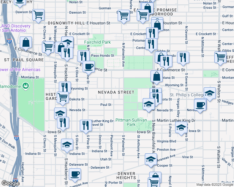 map of restaurants, bars, coffee shops, grocery stores, and more near 317 Toledo Street in San Antonio