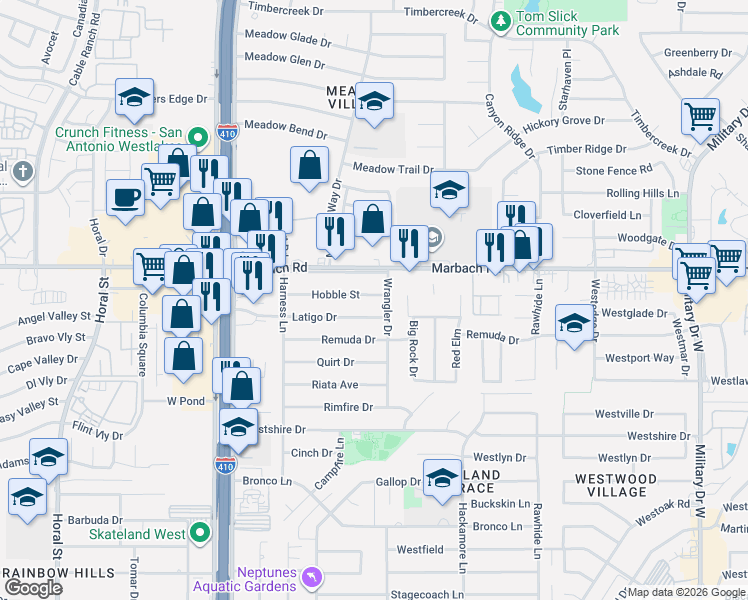 map of restaurants, bars, coffee shops, grocery stores, and more near 7806 Hobble Street in San Antonio