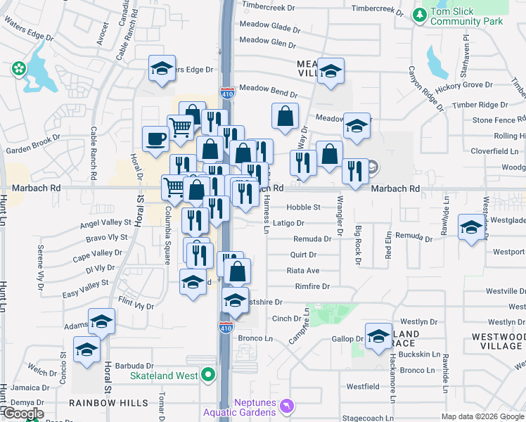 map of restaurants, bars, coffee shops, grocery stores, and more near 1623 Harness Lane in San Antonio