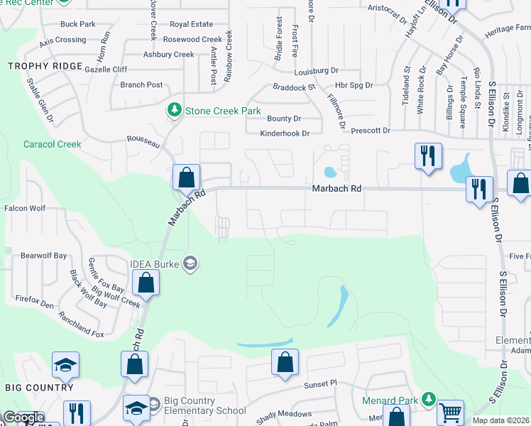 map of restaurants, bars, coffee shops, grocery stores, and more near 1615 Overlook Bend in San Antonio