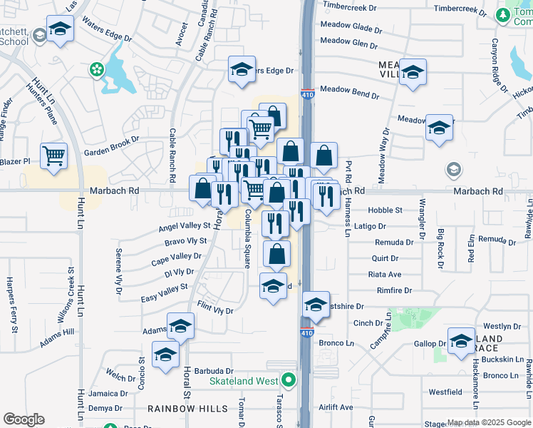 map of restaurants, bars, coffee shops, grocery stores, and more near 8250 Marbach Road in San Antonio