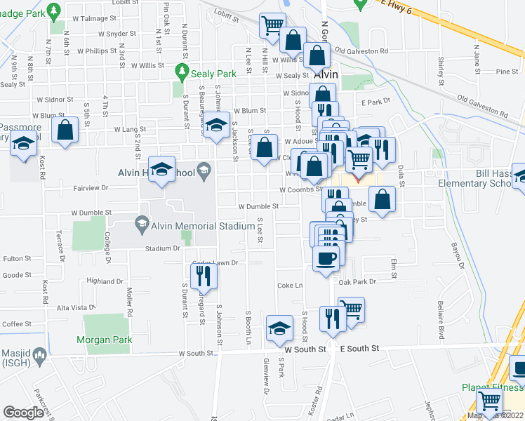 map of restaurants, bars, coffee shops, grocery stores, and more near 601 West Dumble Street in Alvin