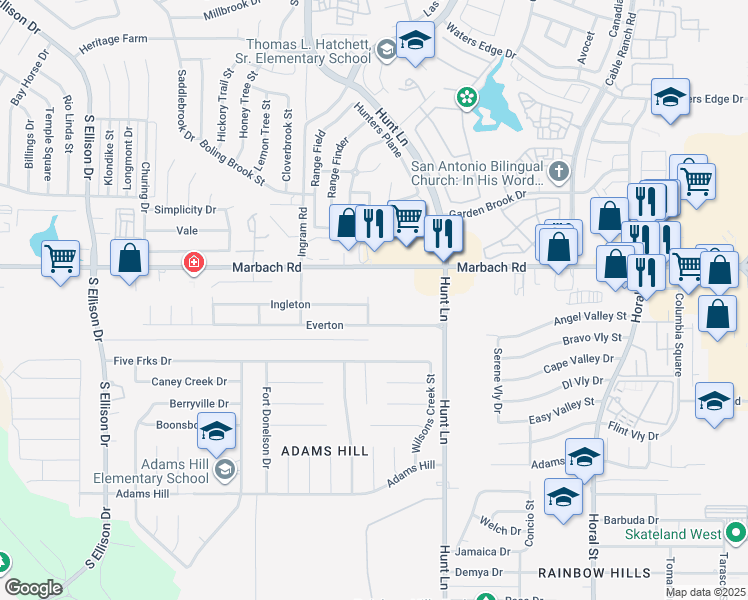 map of restaurants, bars, coffee shops, grocery stores, and more near 1706 Guilford Court in San Antonio