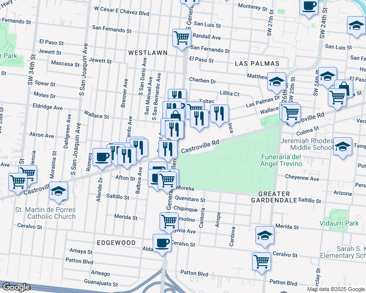 map of restaurants, bars, coffee shops, grocery stores, and more near 911 Castroville Road in San Antonio