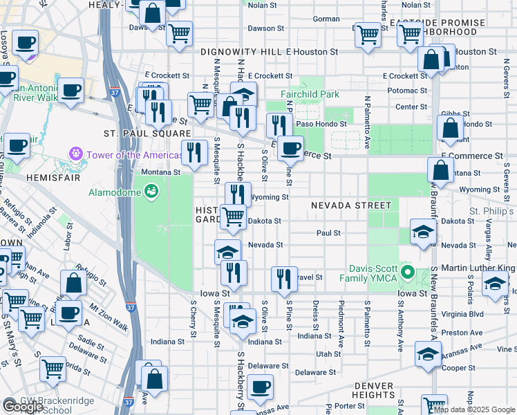 map of restaurants, bars, coffee shops, grocery stores, and more near 319 South Olive Street in San Antonio