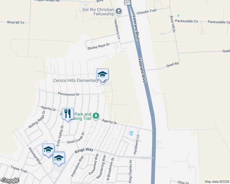 map of restaurants, bars, coffee shops, grocery stores, and more near 523 Enchanted Way in Del Rio