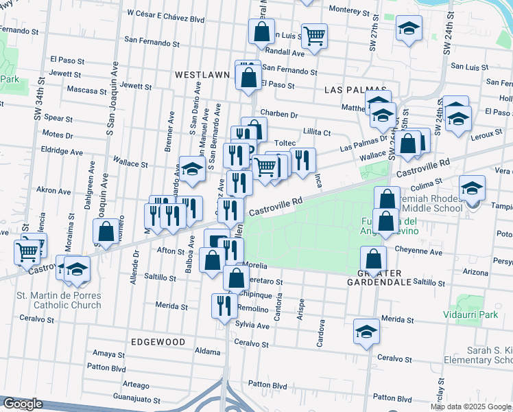 map of restaurants, bars, coffee shops, grocery stores, and more near 911 Castroville Road in San Antonio