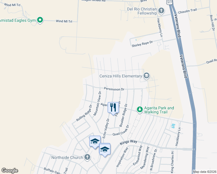 map of restaurants, bars, coffee shops, grocery stores, and more near Persimmon Drive in Del Rio