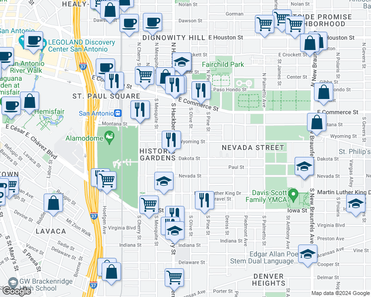 map of restaurants, bars, coffee shops, grocery stores, and more near 319 South Olive Street in San Antonio