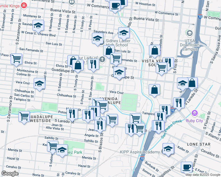 map of restaurants, bars, coffee shops, grocery stores, and more near 1003 Vera Cruz in San Antonio