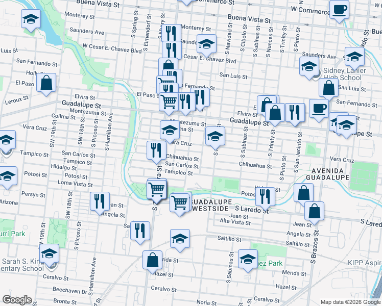 map of restaurants, bars, coffee shops, grocery stores, and more near 1825 Chihuahua Street in San Antonio