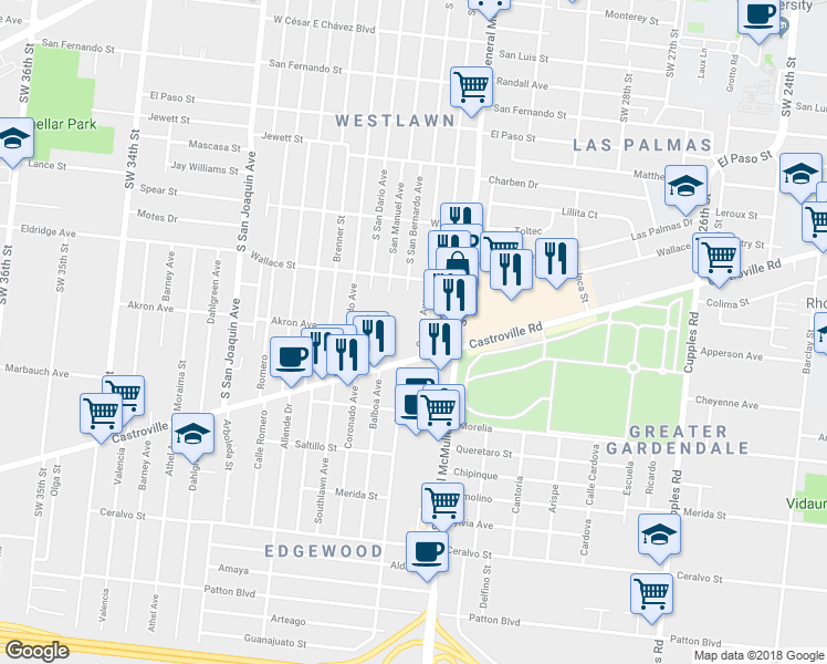 map of restaurants, bars, coffee shops, grocery stores, and more near 355 Cortez Avenue in San Antonio
