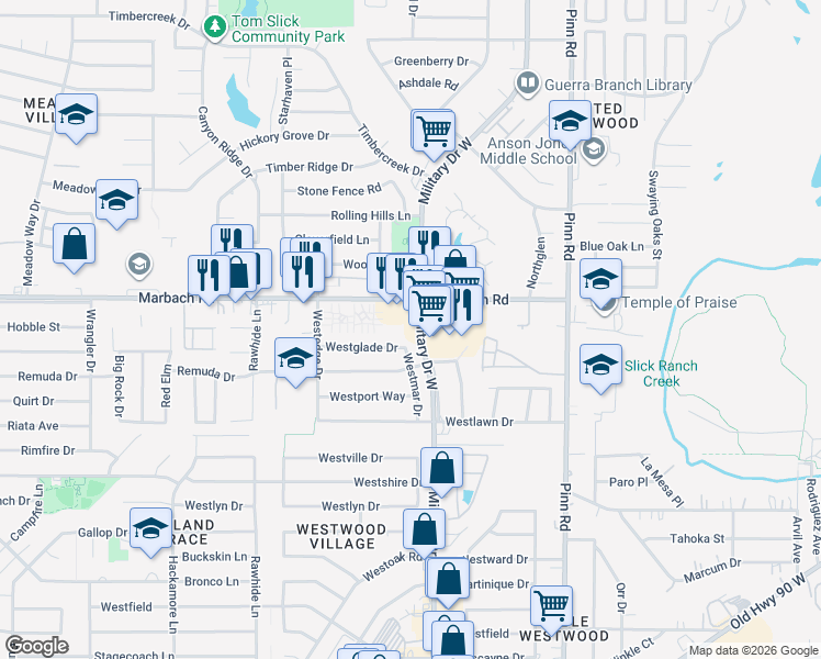 map of restaurants, bars, coffee shops, grocery stores, and more near 7444 West Military Drive in San Antonio