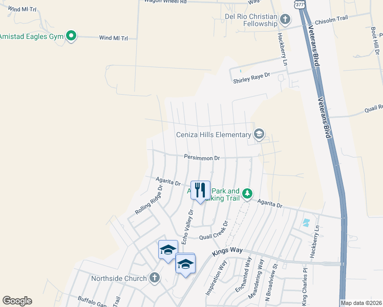 map of restaurants, bars, coffee shops, grocery stores, and more near 401 Silver Sage Drive in Del Rio