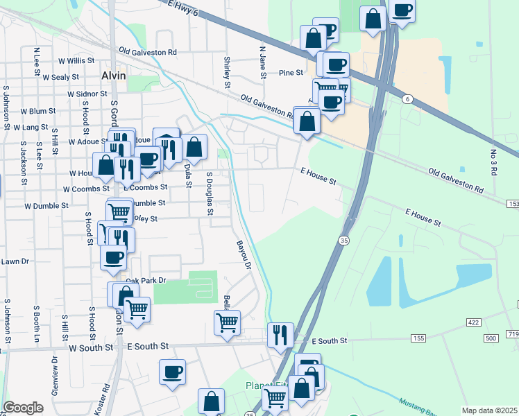 map of restaurants, bars, coffee shops, grocery stores, and more near 745 Dezso Drive in Alvin