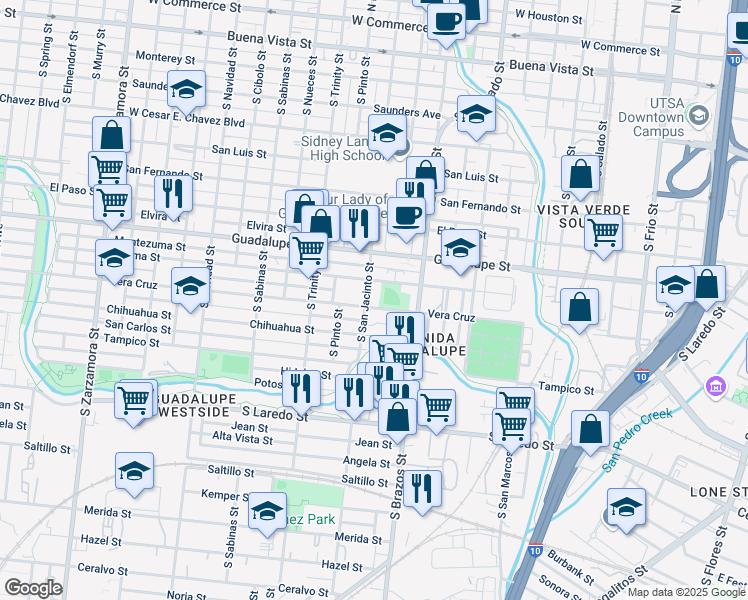 map of restaurants, bars, coffee shops, grocery stores, and more near 1100 South San Jacinto Street in San Antonio
