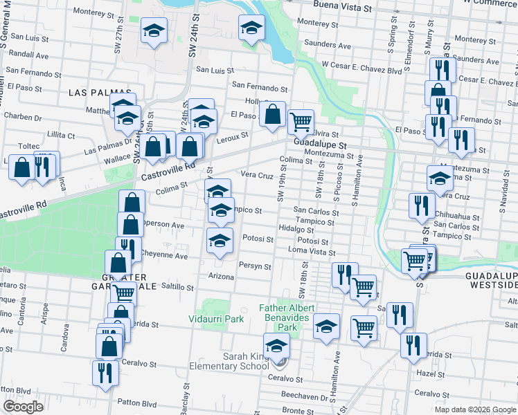 map of restaurants, bars, coffee shops, grocery stores, and more near 2936 Tampico Street in San Antonio