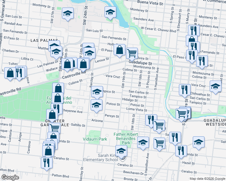 map of restaurants, bars, coffee shops, grocery stores, and more near 2936 Tampico Street in San Antonio