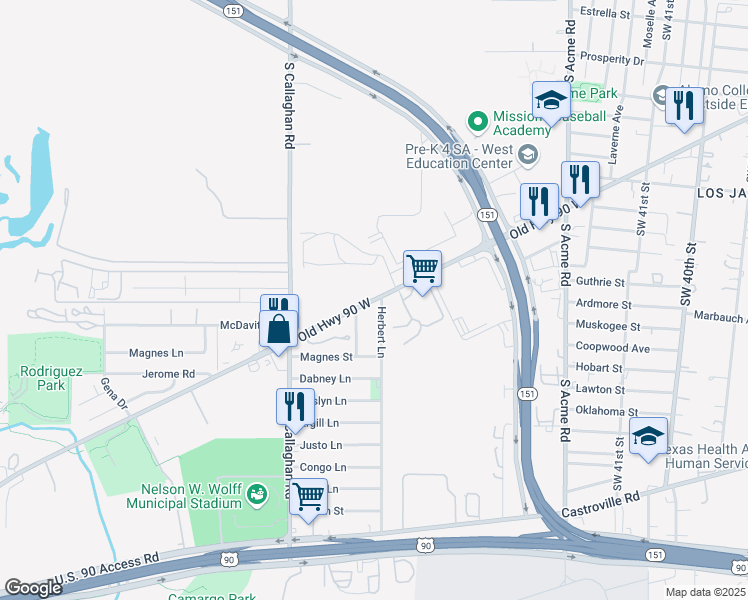 map of restaurants, bars, coffee shops, grocery stores, and more near 5402 Old Highway 90 West in San Antonio