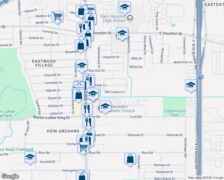 map of restaurants, bars, coffee shops, grocery stores, and more near 4626 Old Coach Lane in San Antonio
