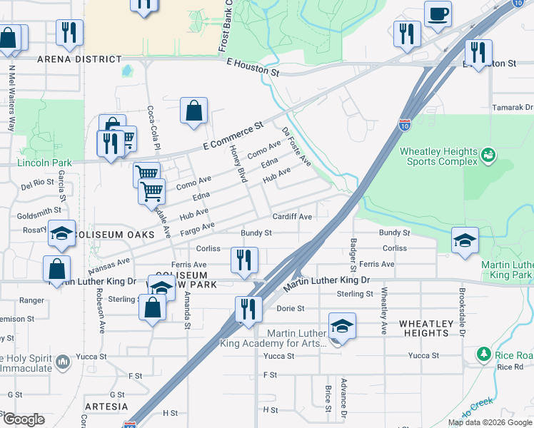 map of restaurants, bars, coffee shops, grocery stores, and more near 118 Cardiff Avenue in San Antonio