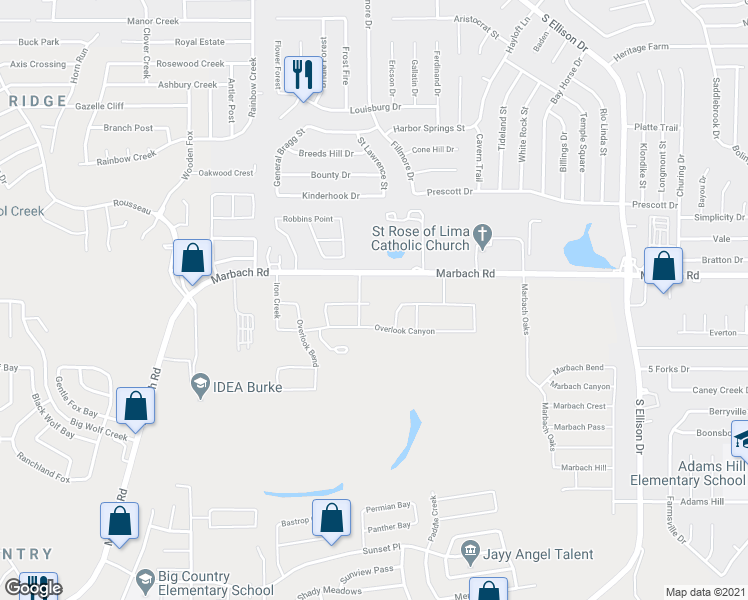 map of restaurants, bars, coffee shops, grocery stores, and more near 10019 Overlook Point in San Antonio