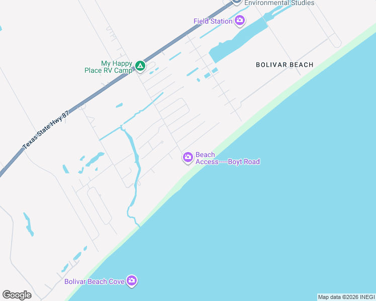map of restaurants, bars, coffee shops, grocery stores, and more near 709 Boyt Road in Bolivar Peninsula