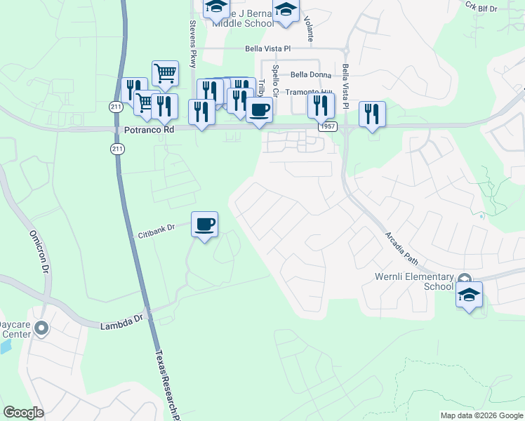 map of restaurants, bars, coffee shops, grocery stores, and more near 1606 Desert Candle in San Antonio