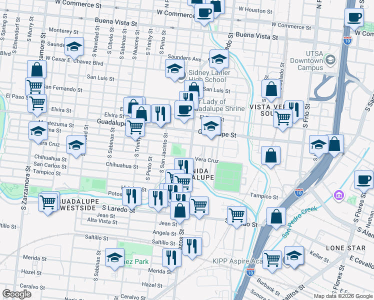 map of restaurants, bars, coffee shops, grocery stores, and more near 1011 South Brazos Street in San Antonio