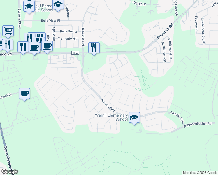 map of restaurants, bars, coffee shops, grocery stores, and more near 1518 Sanibel in San Antonio
