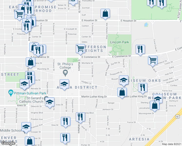 map of restaurants, bars, coffee shops, grocery stores, and more near 340 Maryland Street in San Antonio