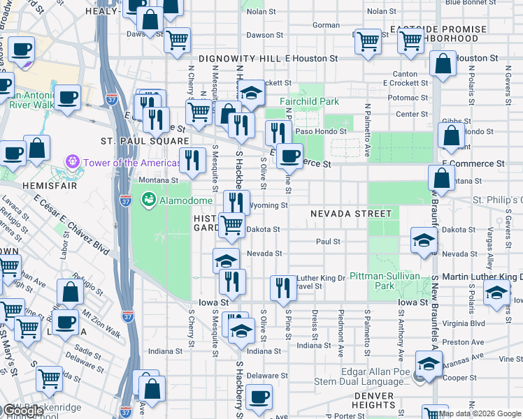 map of restaurants, bars, coffee shops, grocery stores, and more near 319 South Olive Street in San Antonio