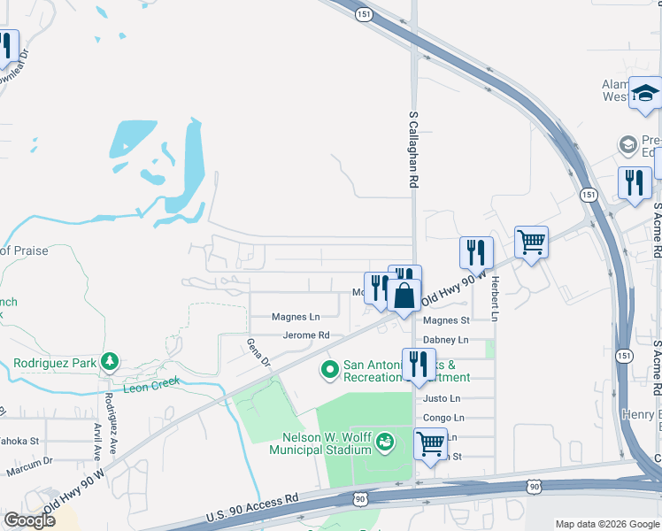 map of restaurants, bars, coffee shops, grocery stores, and more near 5747 McDavitt Road in San Antonio