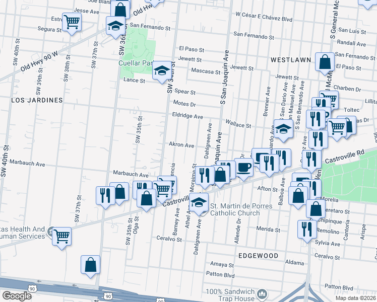 map of restaurants, bars, coffee shops, grocery stores, and more near 222 Moraima Street in San Antonio