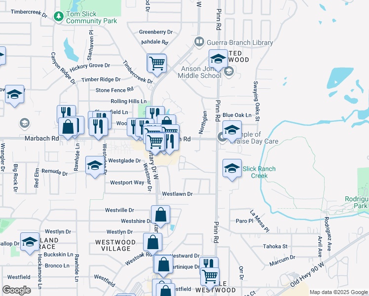 map of restaurants, bars, coffee shops, grocery stores, and more near 7006 Marbach Road in San Antonio